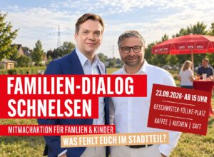 Familien-Dialog am 23. September 2026 ab 15 Uhr auf dem Geschwister-Töllke-Platz in Schnelsen, mit Kaffee, Kuchen und Saft.